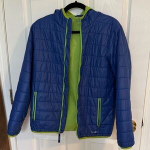 L.L. Bean Youth Navy and Lime Green Hooded Puffer Jacket